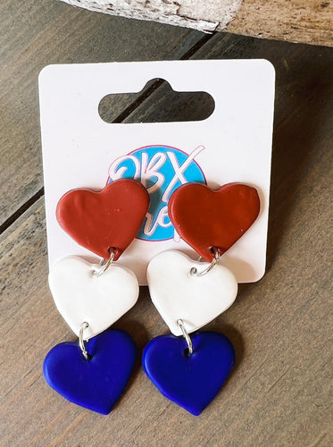American Red White Blue Polymer Clay Heart Earrings - OBX Prep